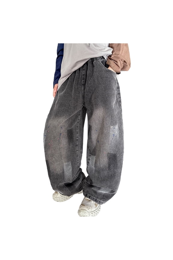 Boys Casual Straight Leg Baggy Jeans Elastic Waist Loose Denim Pants with Multi Pockets Streetwear Casual Cute Fall Trousers (B-Grey, 9-10 Years)