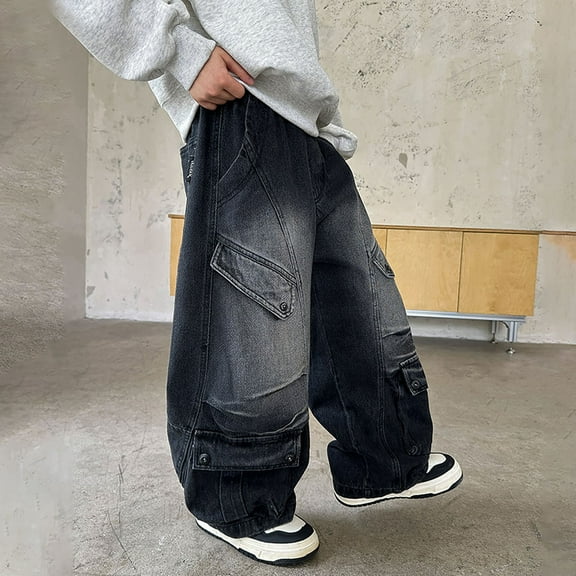 Boys Casual Straight Leg Baggy Jeans Elastic Waist Loose Denim Pants with Multi Pockets Streetwear Casual Cute Fall Trousers (Q-Grey, 13-14 Years)
