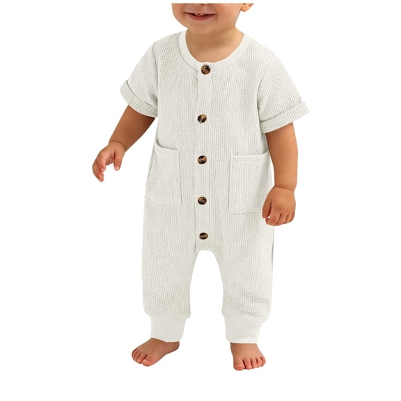 Boys Casual Waffle Rompers Loose Fit Long Sleeve Henley Button Jumpsuit Kids Cute Comfy Soft Solid Color Spring Fall Outfits