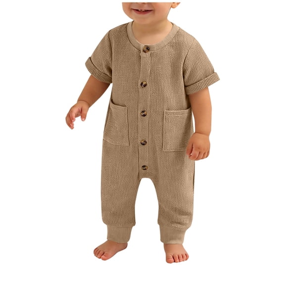 Boys Casual Waffle Rompers Loose Fit Long Sleeve Henley Button Jumpsuit Kids Cute Comfy Soft Solid Color Spring Fall Outfits