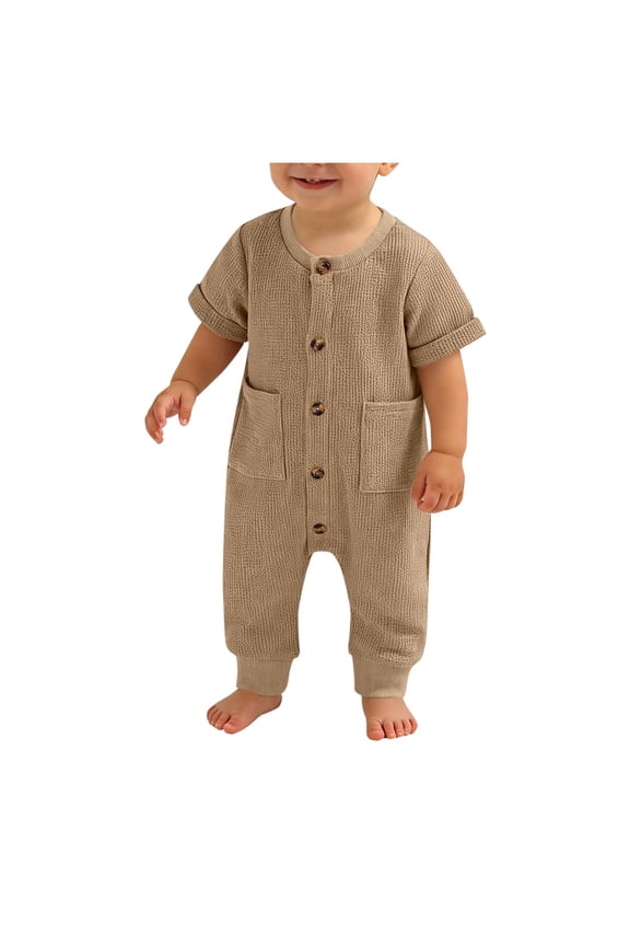 Boys Casual Waffle Rompers Loose Fit Long Sleeve Henley Button Jumpsuit Kids Cute Comfy Soft Solid Color Spring Fall Outfits