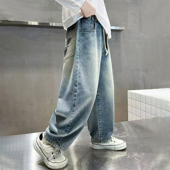 Boys Casual Wide Straight Leg Baggy Jeans Elastic Waist Loose Denim Pants with Pockets 2025 Y2K Streetwear Trousers