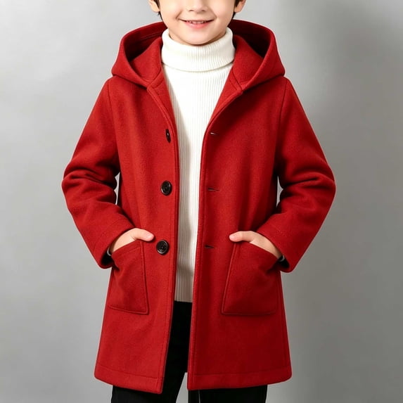 Boys Casual Wool Trench Coat with Hood Kids Fall Winter Notch Lapel Mid Length Jacket Single Breasted Pea Coat with Pockets 1-10Y Red