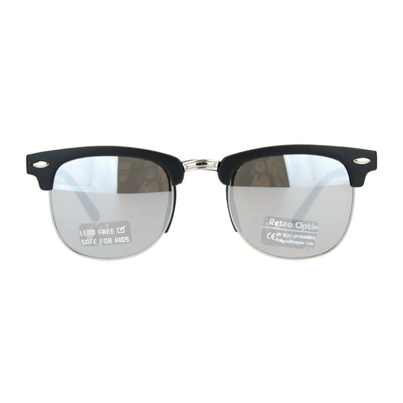 Boys Child Size Color Mirror Lens Hipster Half Rim Sunglasses Black Silver Mirror