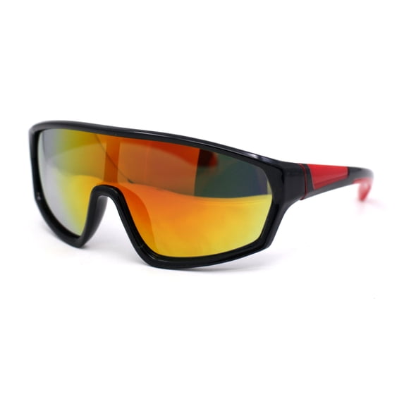 Boys Child Size Mirror Lens Wrap Shield Sport Plastic Sunglasses Black Red - Orange Mirror