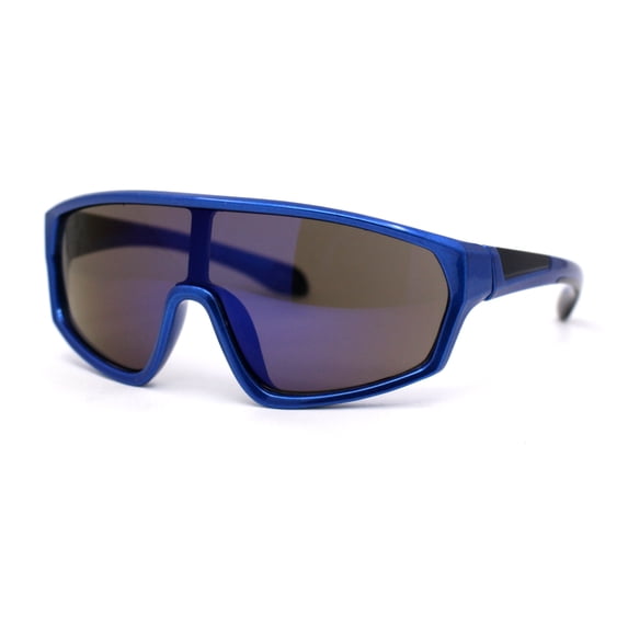 Boys Child Size Mirror Lens Wrap Shield Sport Plastic Sunglasses Blue - Blue Mirror