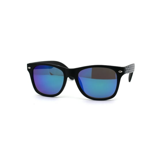 Boys Child Size Skull Print Arm Hipster Horn Rim Sunglasses Black Teal Mirror