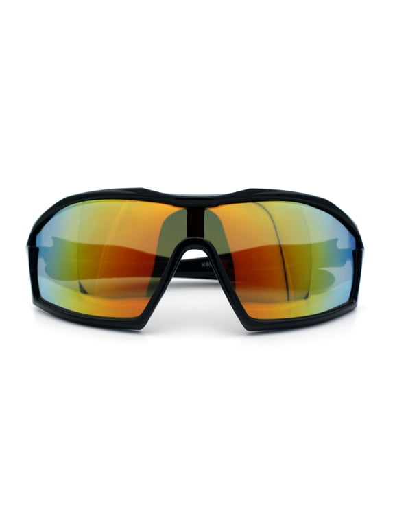 Boys Child Size Wrap Shield Aerodynamic Sport Plastic Sunglasses Black - Orange Mirror