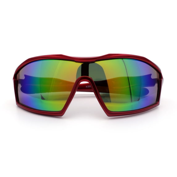 Boys Child Size Wrap Shield Aerodynamic Sport Plastic Sunglasses Red - Rainbow Mirror