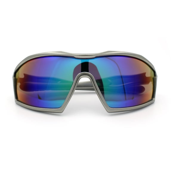Boys Child Size Wrap Shield Aerodynamic Sport Plastic Sunglasses Silver - Teal Mirror