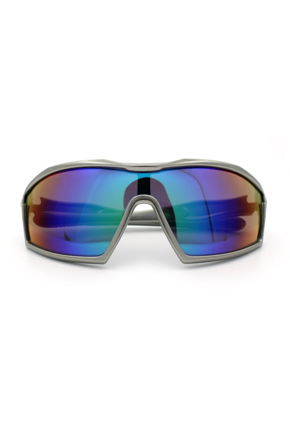 Boys Child Size Wrap Shield Aerodynamic Sport Plastic Sunglasses Silver - Teal Mirror