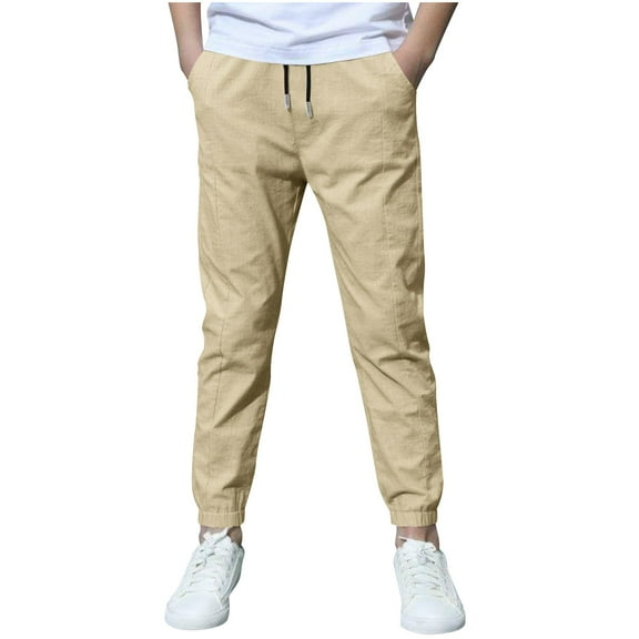 Boys Children's Cargo Pants Casual Multiple Pockets Elastic Waist Drawstring Sports Pants Exercise Athletic Outdoor Trousers Beige 8 Years