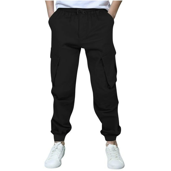 Boys Children's Cargo Pants Casual Multiple Pockets Elastic Waist Drawstring Sports Pants Exercise Athletic Outdoor Trousers Black 13 Years