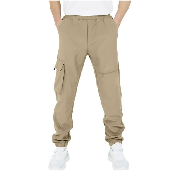 Boys Children's Cargo Pants Casual Multiple Pockets Elastic Waist Drawstring Sports Pants Exercise Athletic Outdoor Trousers Khaki 12 Years