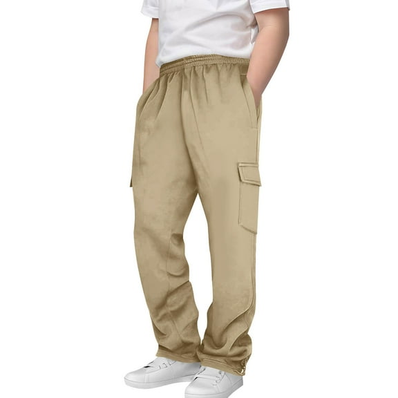 Boys Childrens Cargo Sweatpants Trendy Elastic Waist Casual Sports Pants Solid Color Lightweight Jogger Trousers with Pockets Beige 13 Years