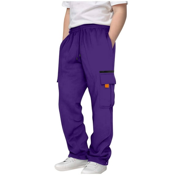 Boys Childrens Cargo Sweatpants Trendy Elastic Waist Casual Sports Pants Solid Color Lightweight Jogger Trousers with Pockets Purple 160