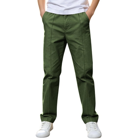 Boys Chino Pants with Pockets, Twill Slim Fit Straight Leg Elastic Waist Casual Pants with Side Pockets Kids School Uniform for 5-15 Years Old School Daily Wear