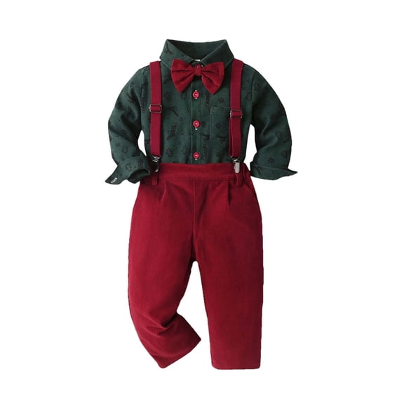 Boys Christmas 3 Piece Suspender Outfit Set Red Long Sleeve Shirt Pleated Pants with Bow Tie for Kids Kids,Size 4 T