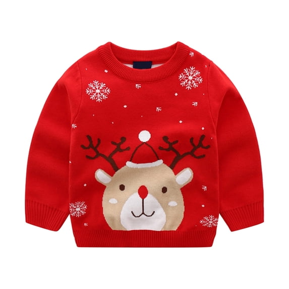 Boys Christmas Deer Sweater,Crew Neck Long Sleeve Snowflake Jacquard Knit Pullover for 2-7 Years