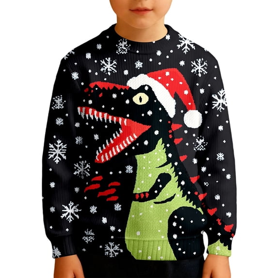 Boys Christmas Dinosaur Pattern Crewneck Thermal Pullover for Winter Holiday and Casual Wear