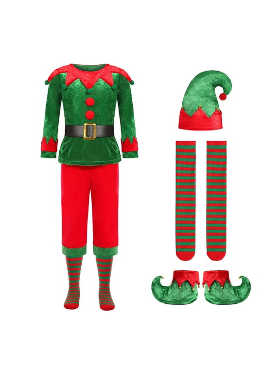 Boys Christmas Elf , Green Top and Red Pants with Belt, Hat and Shoes, Xmas Outfit