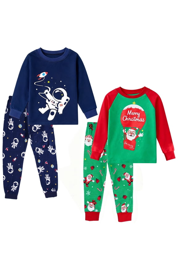 Boys Christmas Pajamas 4 Piece Toddler Kids Sleepwear Boys Long Sleeve Pajamas Winter Nightwear Age 2-12 Years