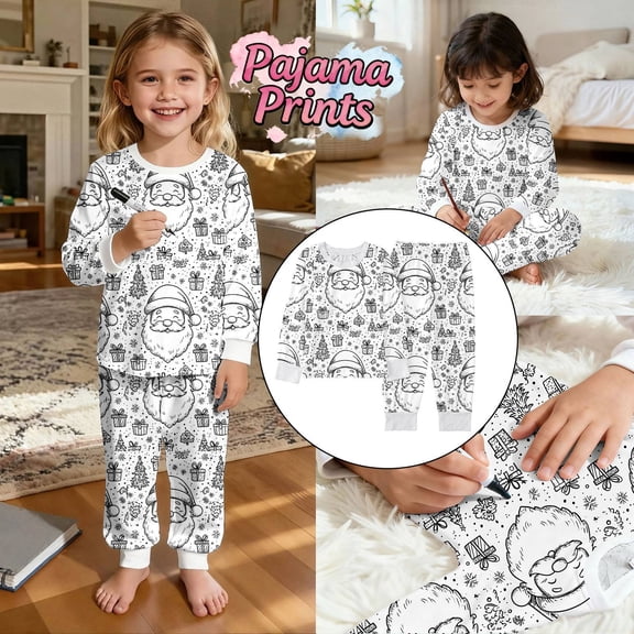 Boys Christmas Pajamas Cozy Festive Themed Hand Drawn Cartoon Prints Long Sleeve Top Pants Holiday Family Nightwear Christmas Pjs for Girls White