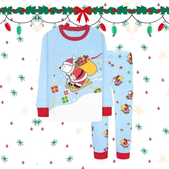 Boys Christmas Pajamas Festive Holiday Family Matching Sleepwear Soft Long Sleeve Tops Pants 2 Piece Pajama Set Christmas Pjs for Girls Light Blue