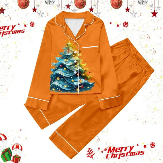 Boys Christmas Pajamas Set Girls Silk Pajamas Set Long Sleeve Button Down Top pants Set Tween Girls Pajamas Size 11-12 Years
