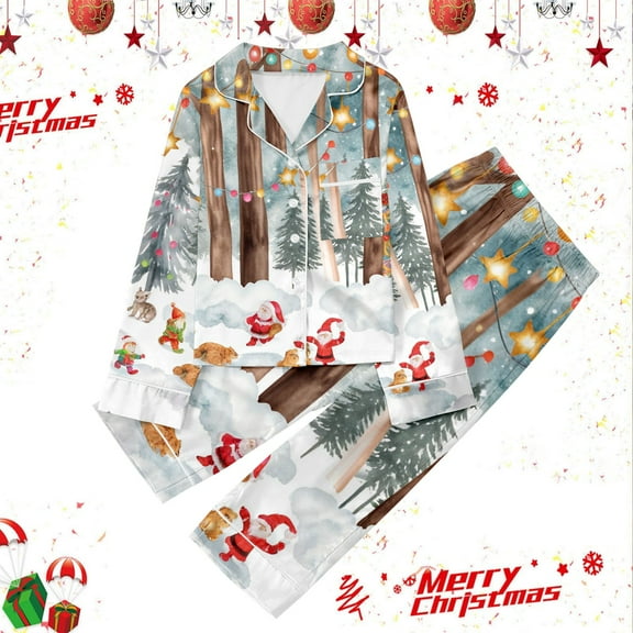 Boys Christmas Pajamas Set Silk Pajama Set Long Sleeve Button Down Top pants Set Tween Girls Pjs Size 11-12 Years