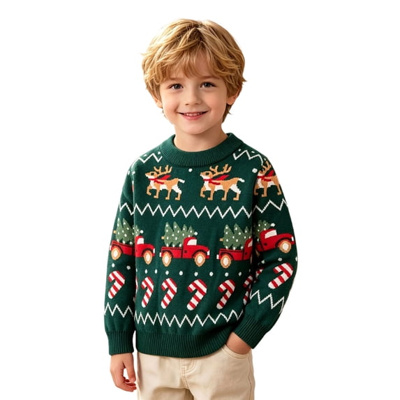 Boys Christmas Reindeer Sweater,Long Sleeve Crew Neck Candy Cane Knit Pullover Top for 2-7 Years
