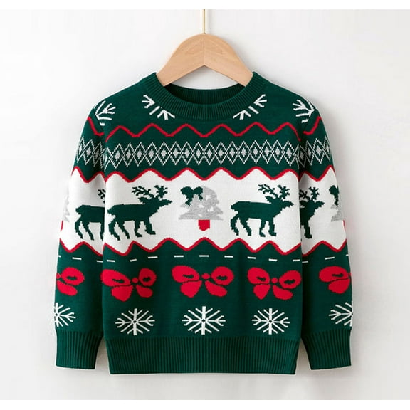 Boys Christmas Sweater Funny Elk Print Crew Neck Knit Christmas Jumper (Green 3-4 Years)