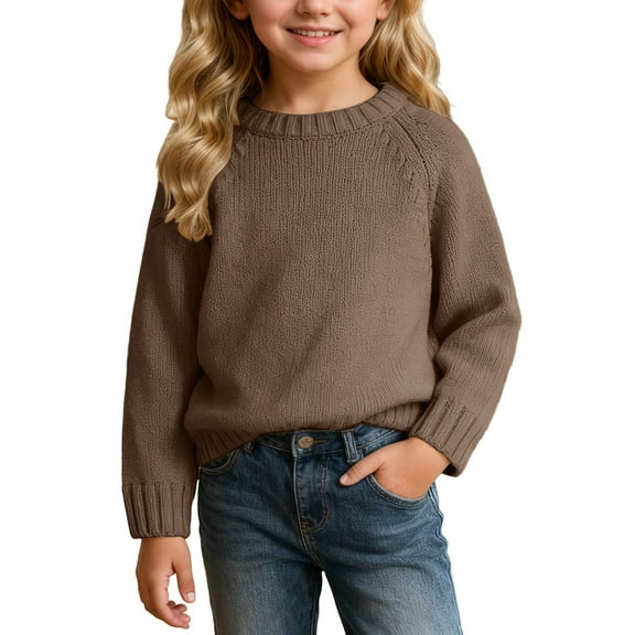 Boys Chunky Knit Sweater Solid Color Soft Warm Casual Pullover Regular Crew Neck Long Sleeve Cozy Winter Wear Loose Fit Top For Kids Toddler Coffee