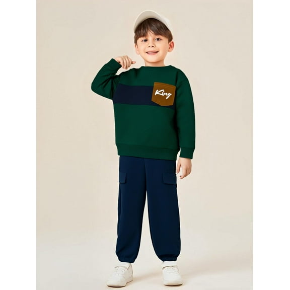 Boys Clothes Outfits Toddler Long Sleeve Color Block Sweatshirt and Cargo Pants Fall Winter 2PCS Set 2-8 Years