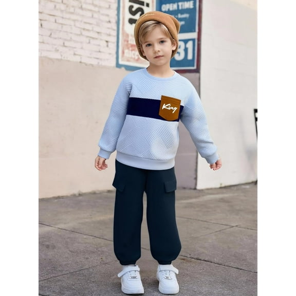 Boys Clothes Outfits Toddler Long Sleeve Color Block Sweatshirt and Cargo Pants Fall Winter 2PCS Set 2-8 Years