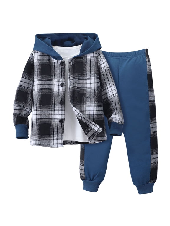 Boys Clothes Pants Sets Plaid Long Sleeve Hooded Button Shirt Jacket and Jogger Pants for Kids Fall Winter Outfits Boys School Clothes