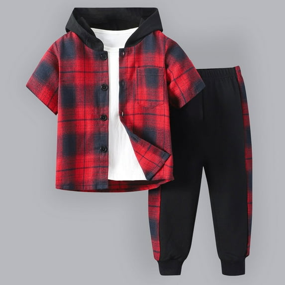 Boys Clothes Size 10-12 Youth Kids Toddler Boy Clothes Plaid Hooded Shirt White Top and Solid Color Pants 2Pcs Winter Boys Outfits
