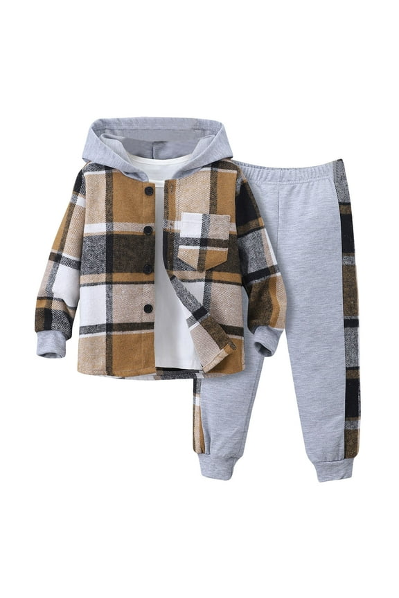 Boys Clothes Size 6 Easter Outfits Boys Clothes 3T 4T 5T 2 Piece Baby Boys Outfits Plaid Hooded Toddler Boys Top Pants Set Toddler Outfits