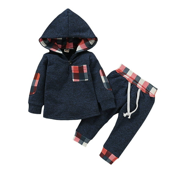 Boys Clothes Size 8 Sets Baby Boys 2PCS Fall Winter Plaid Hoodie Outfits Contrast Color Color Long Sleeve Crewneck Plaid Hoodie Sweatshirt Top Casual Pants Plaid Hoodie Set 2Pcs Fall Winter Outfits
