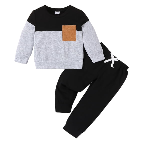 Boys Clothes Toddler Boy 2Pc Baby Boy Fall Outfits Color Block Sweatshirt Elastic Waist Pants With Pockets 6M-3T