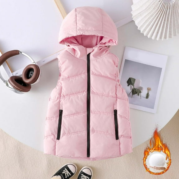 Boys Coat,Vest Girls Winter Hood Thickened Warm Sleeveless Zip Up Quilted Coat Outerwear,Green Jacket,Pink,7-8 Years