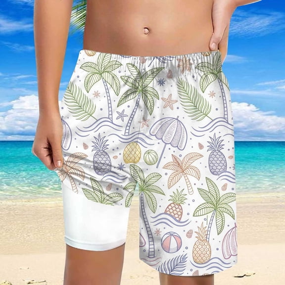 Boys Coconut Tree Beach Print Swim Shorts Drawstring High Waisted Loose Fit Casual Trousers Light Purple 5 Y-6 Y