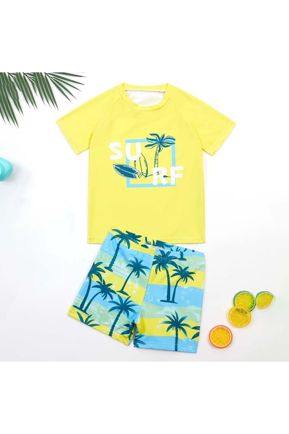 Boys Coconut Tree Printed Rash Guard Set 2-Piece Short Sleeve Swim Top and Boxer Shorts Bathing Suit Kids Yellow