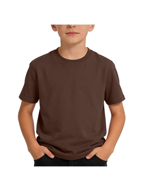 Boys Coffee T Shirt 100% Cotton, Kids Plain Brown Tee for Kids to Youth, Tagless Crewneck Short Sleeve for Everyday Wear & Custom Printing,Size 7-8 T