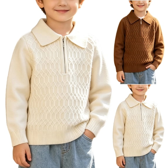 Boys Collared Half‑Zip Knit Pullover Sweater, Long Sleeve Textured Knitted Tops, Warm Kids Outfit for Fall Winter School and Daily Casual Occasions White 5-6T