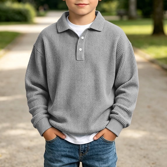 Boys Collared Sweatshirt Casual Solid Color Polo Long Sleeve Shirt Waffle Texture Boys Pullover Loose Plain Sweatshirt with Buttons