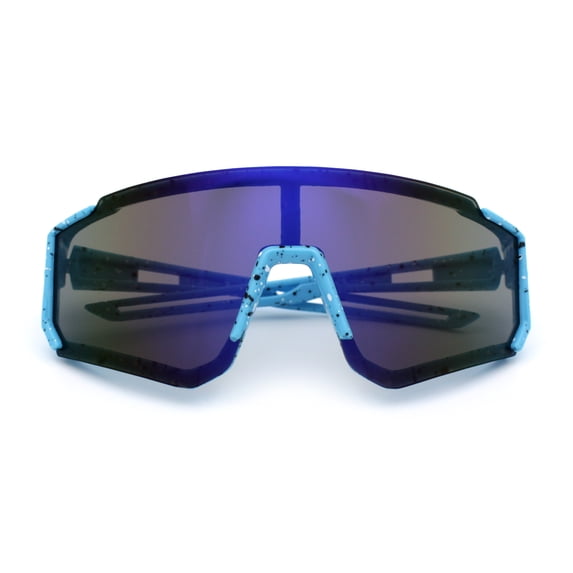 Boys Color Mirror 80s Paint Splatter Print Plastic Rimless Shield Sport Sunglasses Blue - Navy Mirror