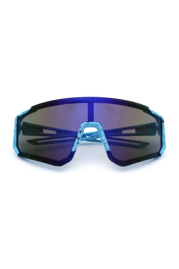 Boys Color Mirror 80s Paint Splatter Print Plastic Rimless Shield Sport Sunglasses Blue - Navy Mirror
