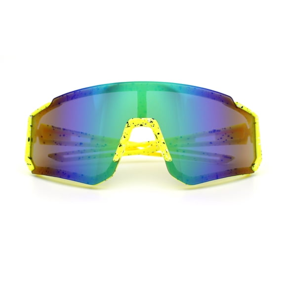 Boys Color Mirror 80s Paint Splatter Print Plastic Rimless Shield Sport Sunglasses Yellow - Green Mirror