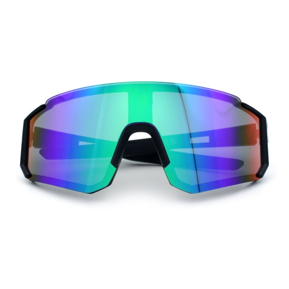 Boys Color Mirror 90s Shield Rimless Wrap Sport Plastic Sunglasses Black Green - Green Mirror